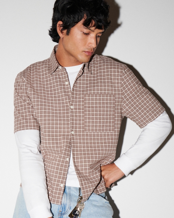 Boxy Crop Short-Sleeve Shirt, Light Brown Check