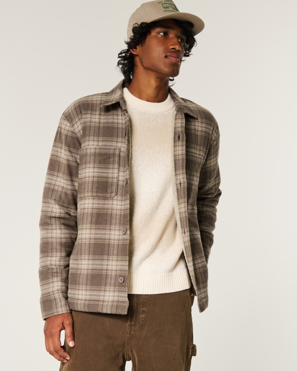 Cozy Lined Shacket, Brown Plaid