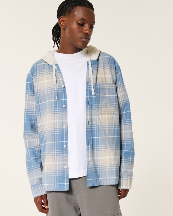 Relaxed Hooded Flannel Shacket, Blue Plaid