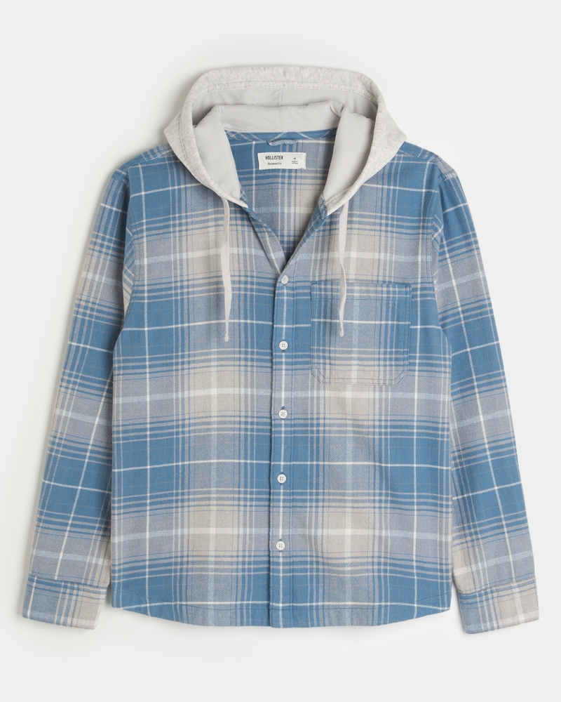 Men s Relaxed Hooded Flannel Shacket Men s Clearance HollisterCo