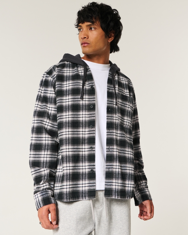 Relaxed Hooded Flannel Shacket, Black Plaid