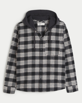 Men s Relaxed Hooded Flannel Shacket Men s Tops HollisterCo
