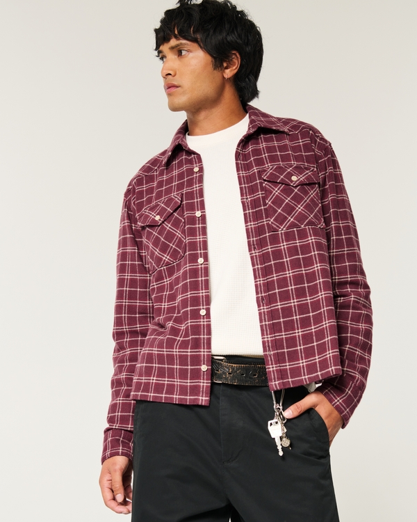 Crop Flannel Shirt, Burgundy Plaid