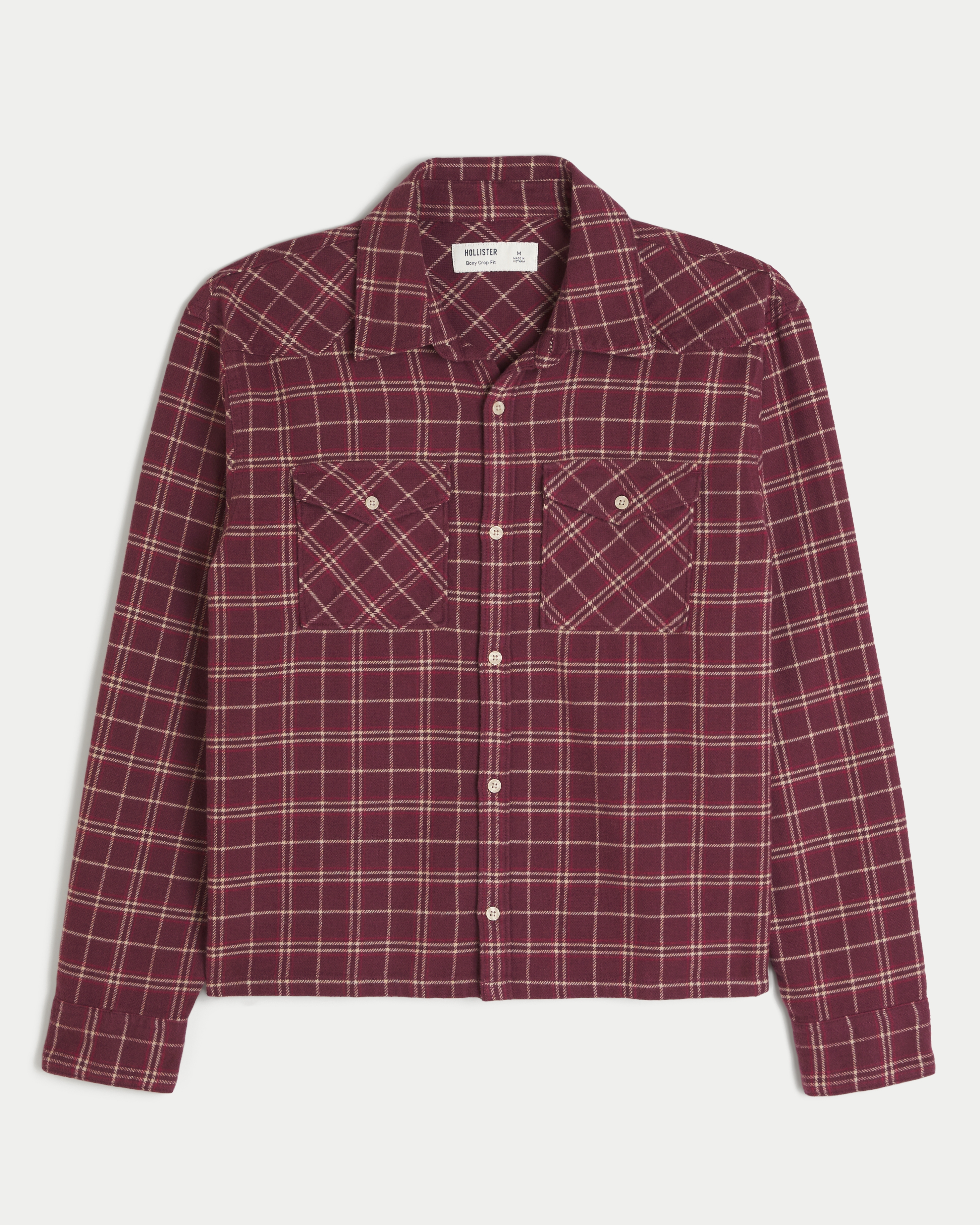 Men s Crop Flannel Shirt in Burgundy Plaid Size S from Hollister