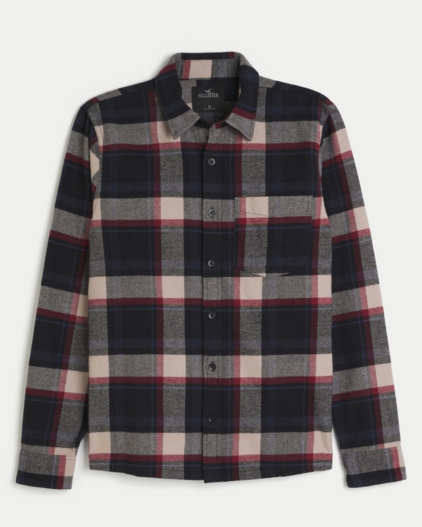 Flannel Button-Through Shirt, Black Plaid