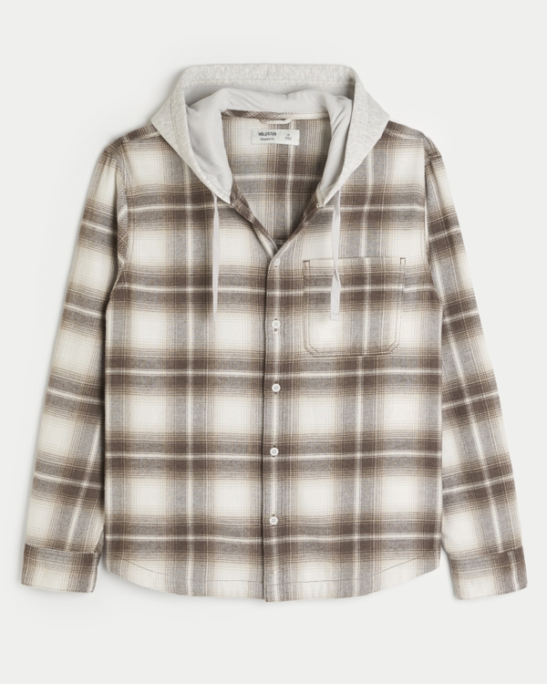 Relaxed Hooded Flannel Shacket, Tan Plaid