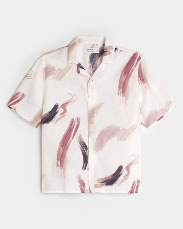 Boxy Short-Sleeve Linen-Blend Shirt, Mauve Pattern