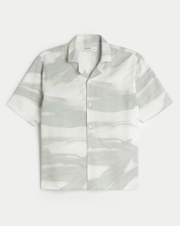 Boxy Short-Sleeve Linen-Blend Shirt, Sage Pattern