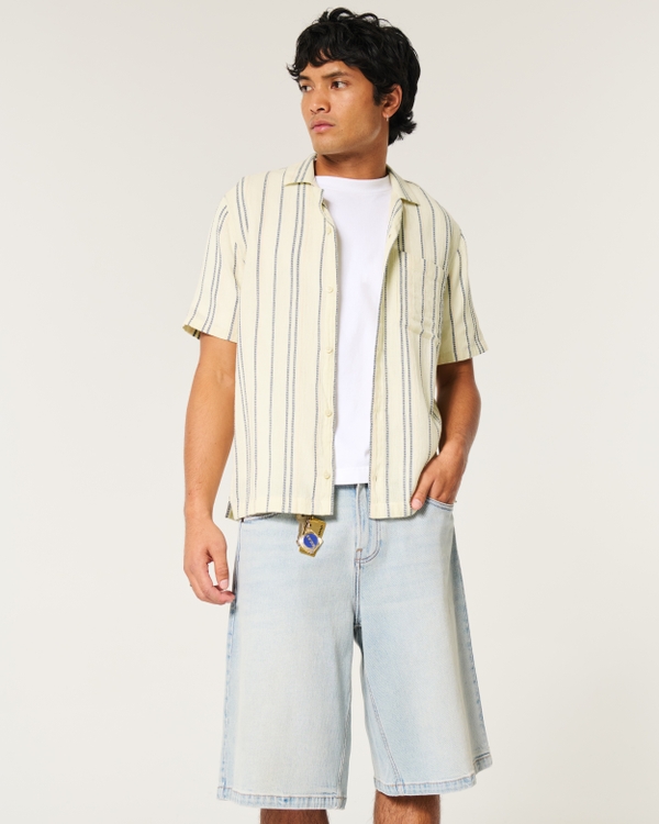 Relaxed Textural Short-Sleeve Shirt, Cream Stripe