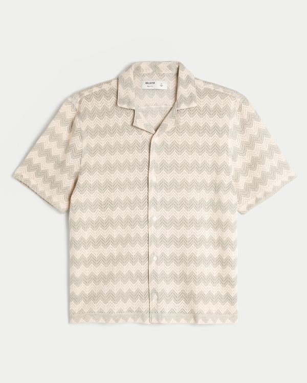 Boxy Crochet-Style Short-Sleeve Shirt, Sage Stripe