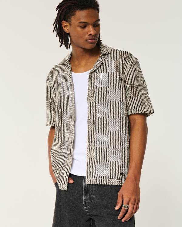 Boxy Short-Sleeve Crochet-Style Shirt, Black And Cream Check view 1