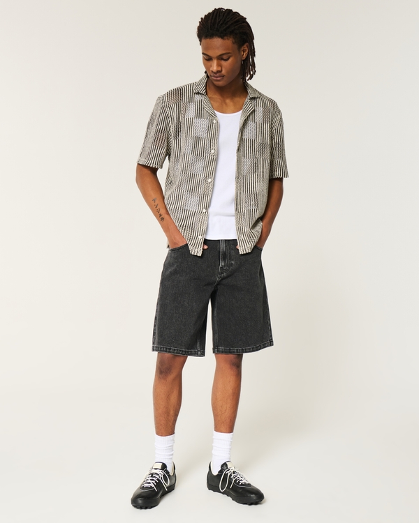 Boxy Short-Sleeve Crochet-Style Shirt, Black And Cream Check view 2