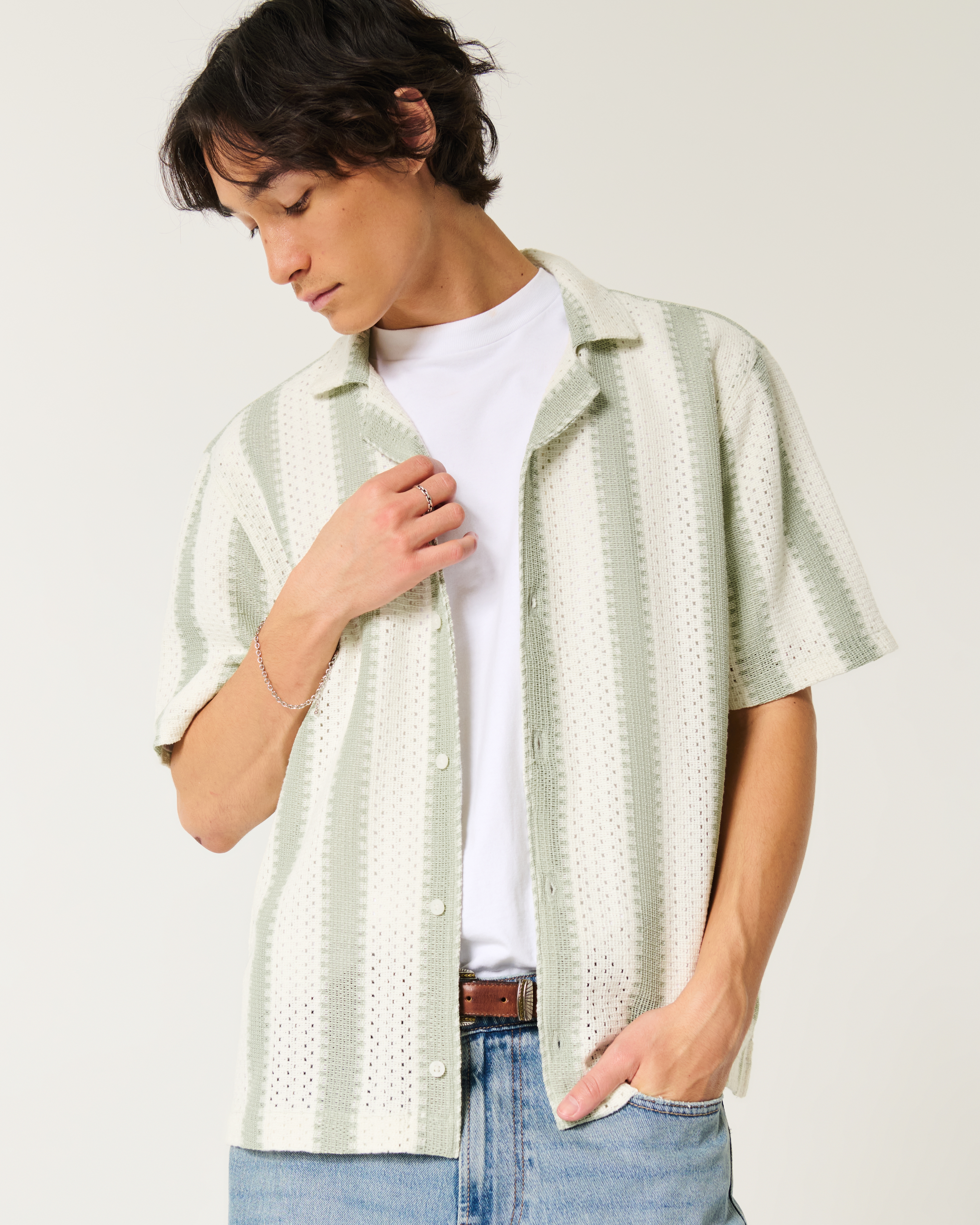 grown Hand Crochet Shirt ・Pants サイズ4 新品 Women Summer Color Block Crochet Knit Hollow Out High Waist