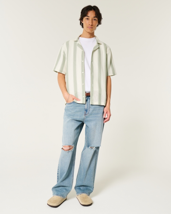 Boxy Short-Sleeve Crochet-Style Shirt, Cream And Sage Stripe view 2