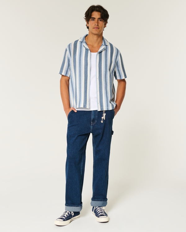 Boxy Short-Sleeve Crochet-Style Shirt, Blue Stripe view 2