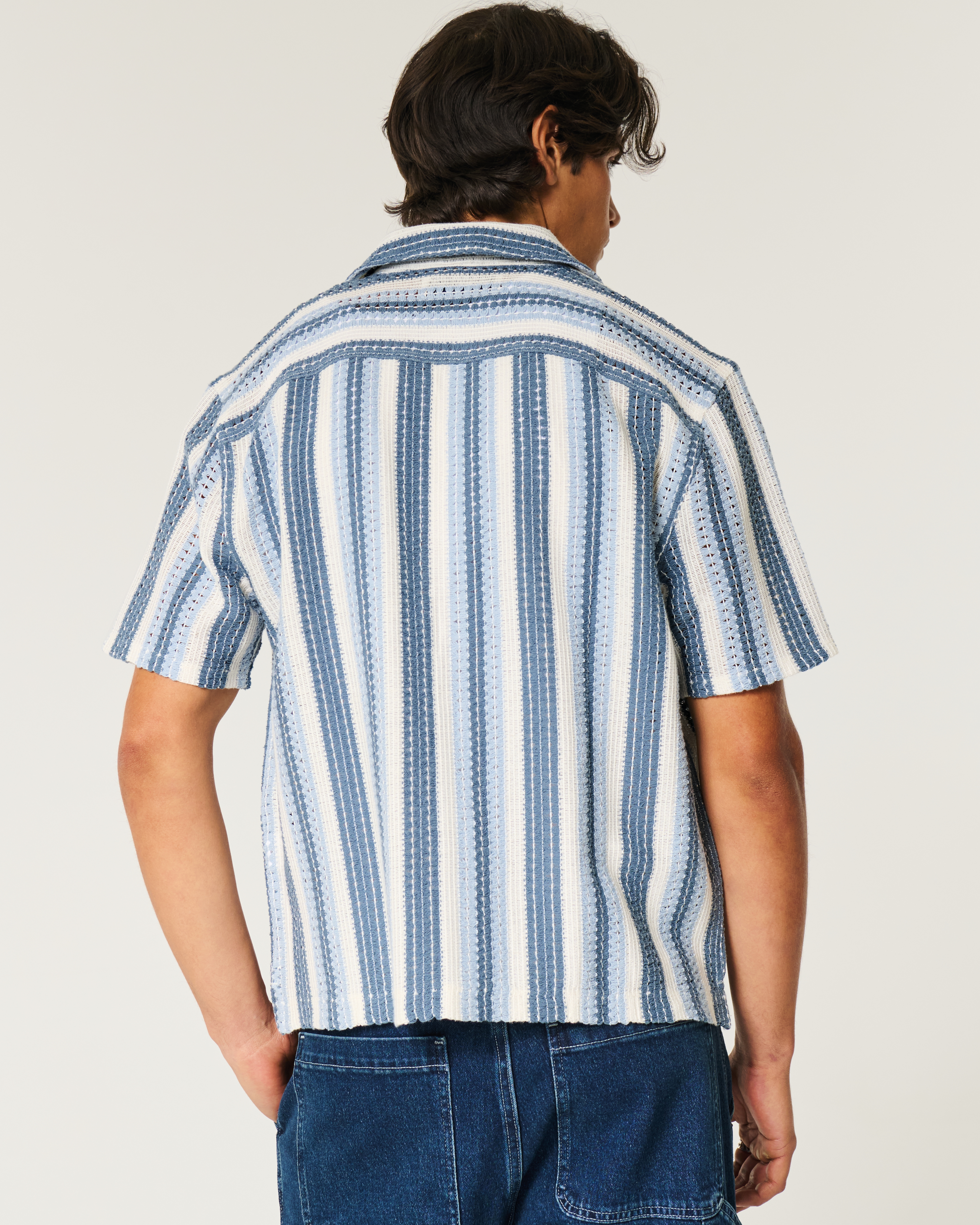 【Raucohouse】Embo check short sleeve over shirt Menswear | Cropped Short-Sleeve Shirt, Ivory