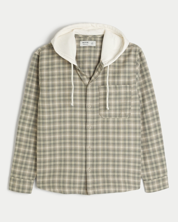Relaxed Hooded Flannel Shirt, Olive Plaid view 1