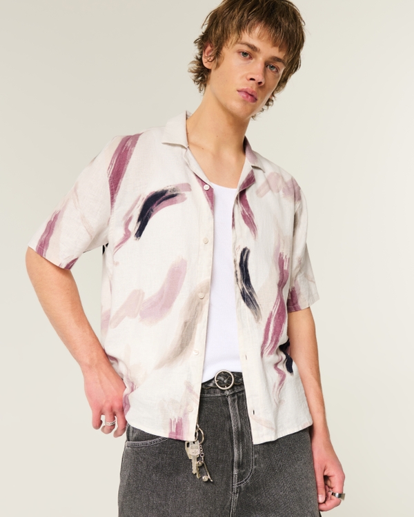 Linen-Blend Short-Sleeve Pattern Shirt, Cream Pattern view 1