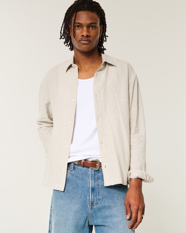 Linen-Blend Button-Through Shirt, Oatmeal view 1