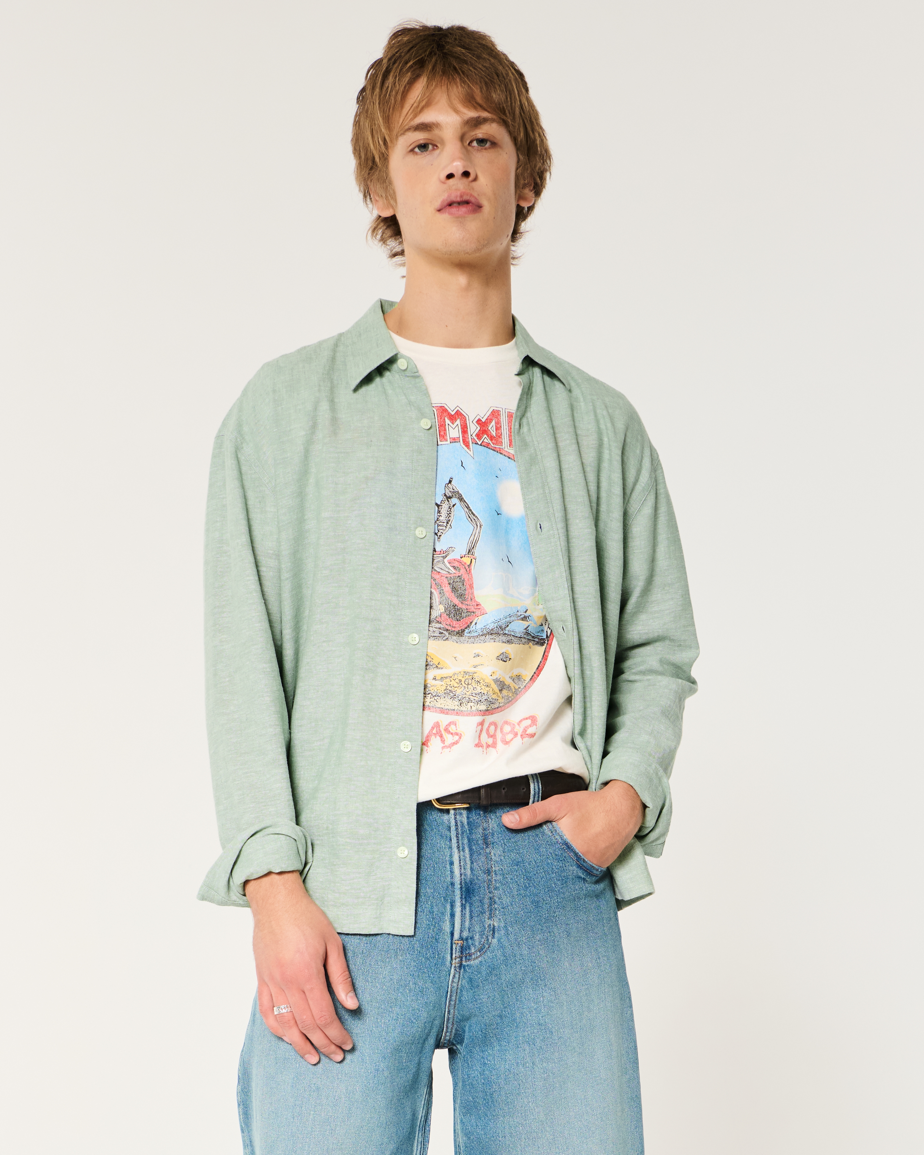 Linen-Blend Button Front Shirt