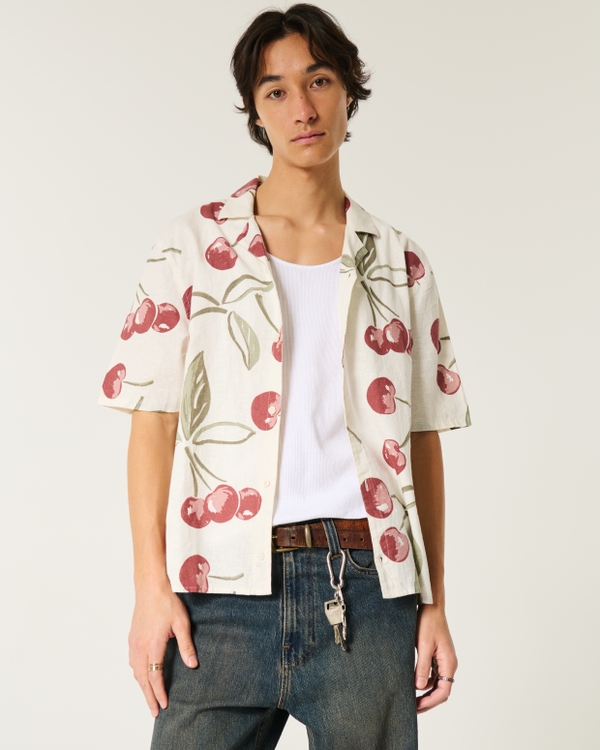 Boxy Short-Sleeve Linen-Blend Shirt, Cream Print view 1