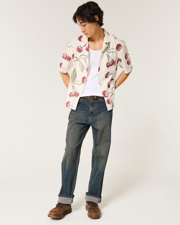 Boxy Short-Sleeve Linen-Blend Shirt, Cream Print view 2