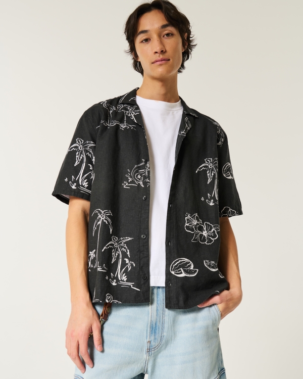 Boxy Short-Sleeve Linen-Blend Shirt, Black Print view 1