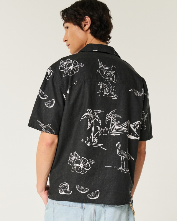 Boxy Short-Sleeve Linen-Blend Shirt, Black Print view 2