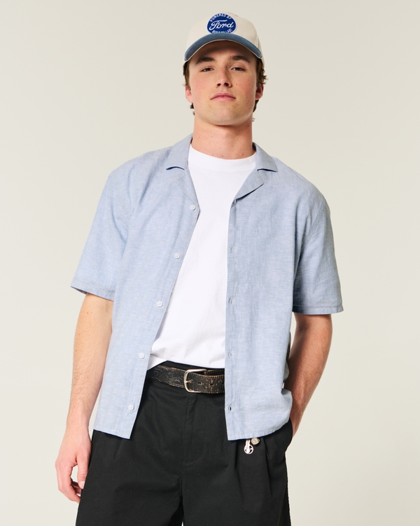 Boxy Linen-Blend Short-Sleeve Shirt, Light Heather Blue view 1