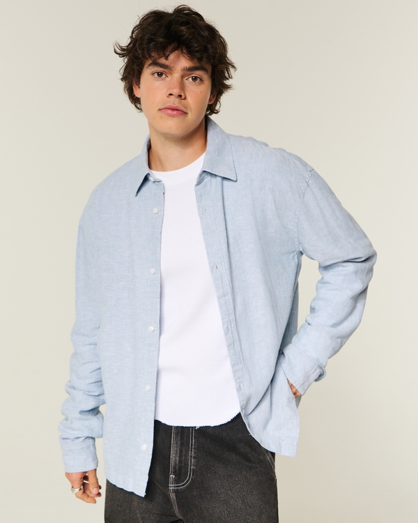 Linen-Blend Button-Through Shirt, Heather Blue view 1