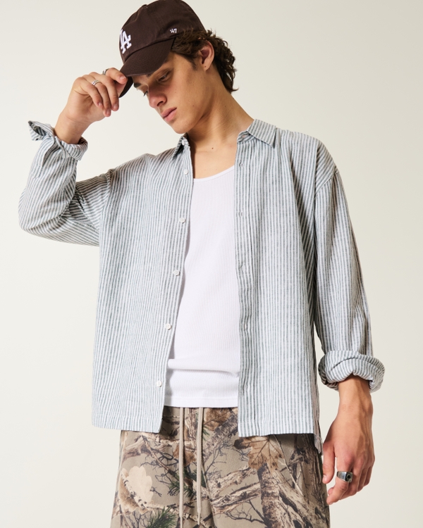 Relaxed Linen-Blend Shirt, Green Stripe view 1