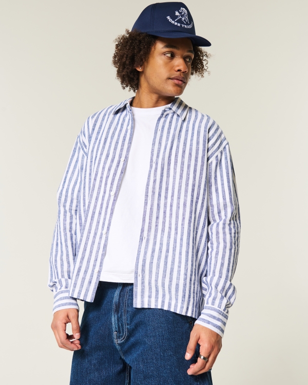 Relaxed Linen-Blend Shirt, Navy Stripe view 1