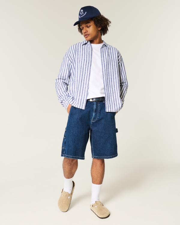 Relaxed Linen-Blend Shirt, Navy Stripe view 2