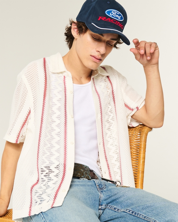 Boxy Short-Sleeve Crochet-Style Shirt, White Stripe view 1