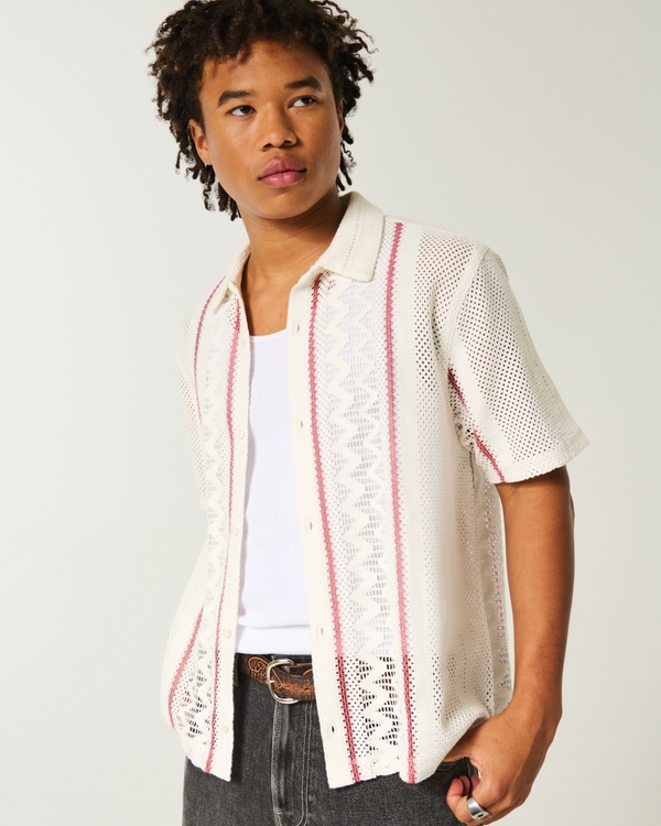 Boxy Short-Sleeve Crochet-Style Shirt, White Stripe view 2