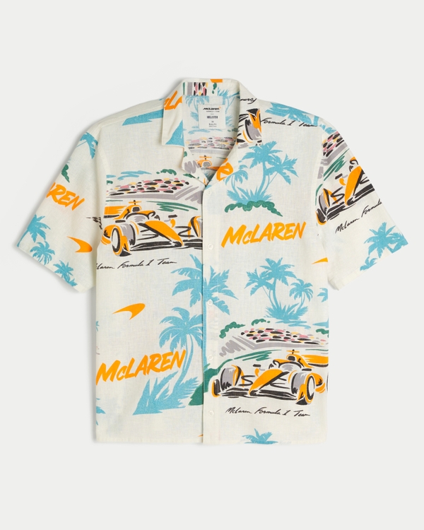 Boxy Linen-Blend McLaren Pattern Shirt, White Print view 1