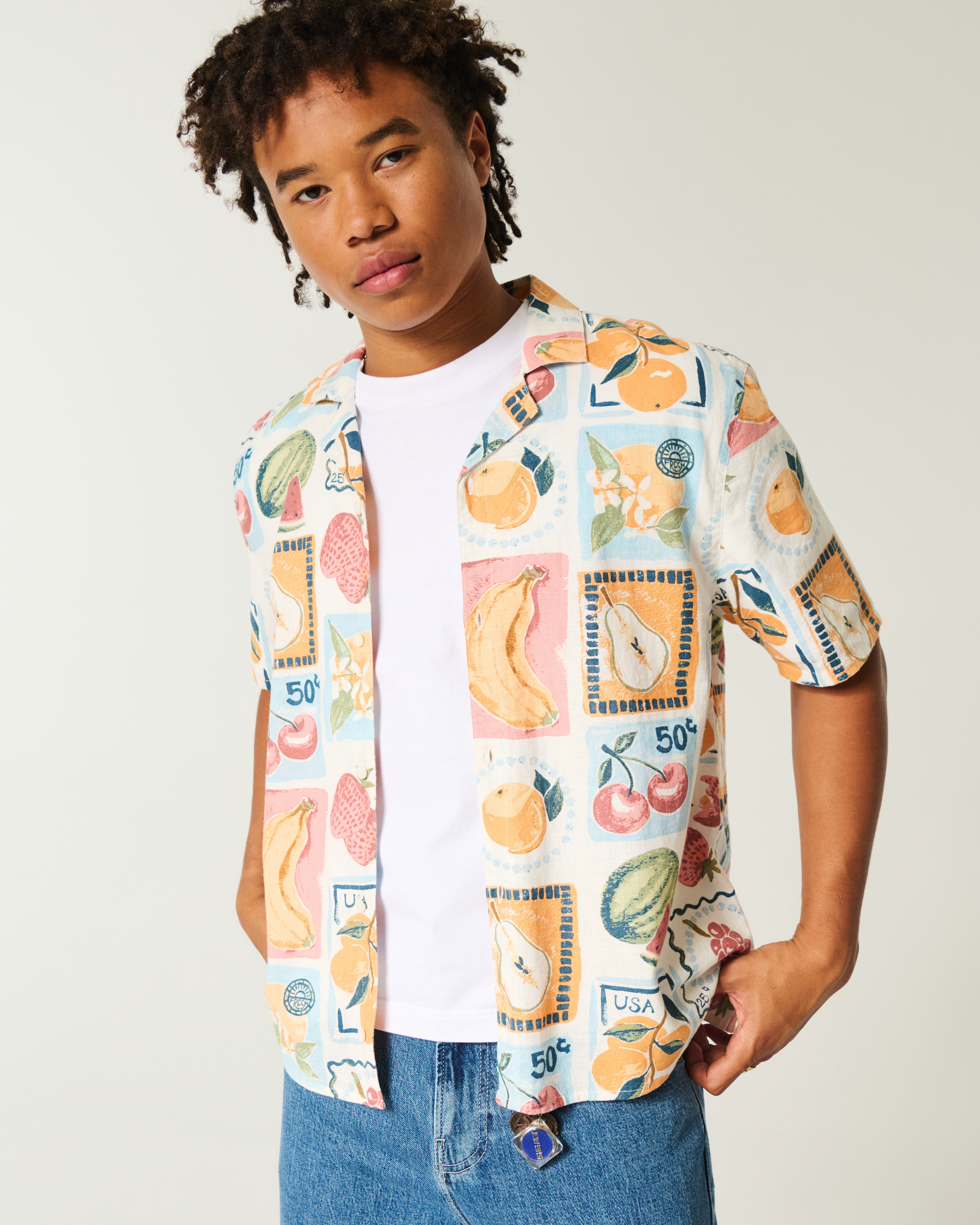 Boxy Linen-Blend Stamp Pattern Shirt