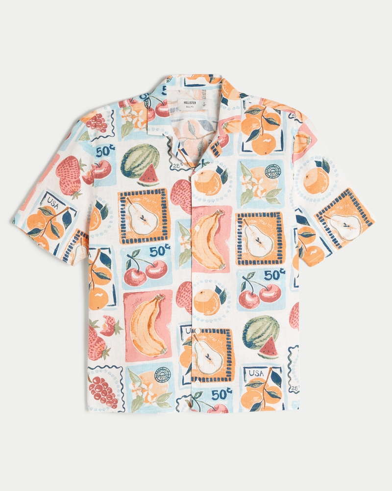 Boxy Linen-Blend Stamp Pattern Shirt