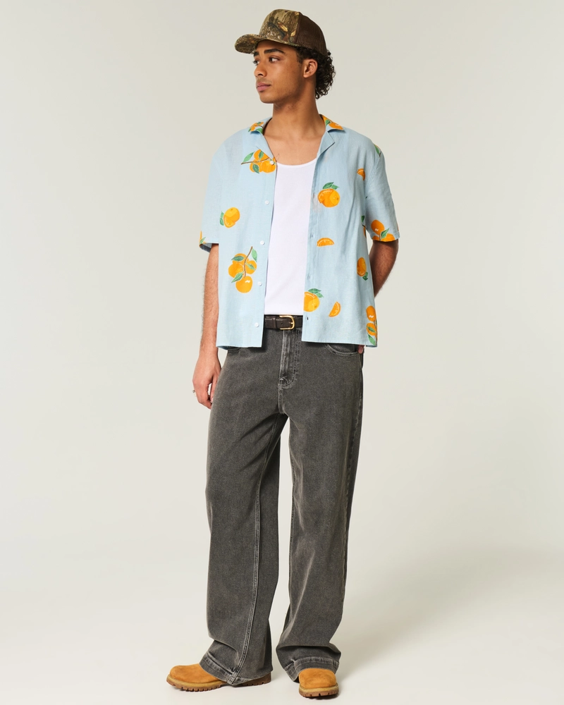 Boxy Linen-Blend Orange Pattern Shirt