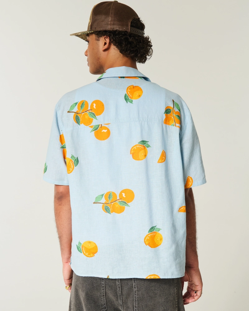 Boxy Linen-Blend Orange Pattern Shirt