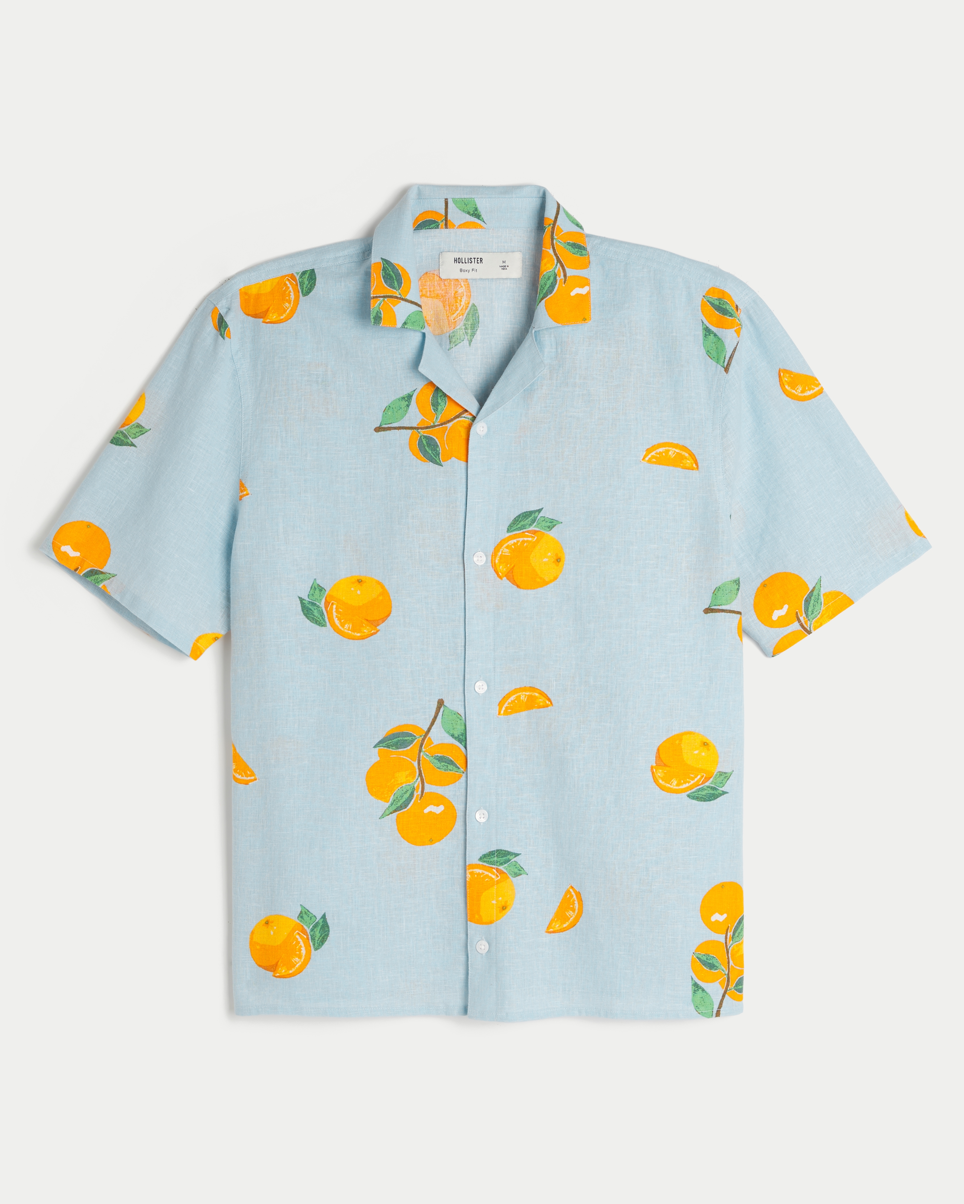 Boxy Linen-Blend Stamp Pattern Shirt