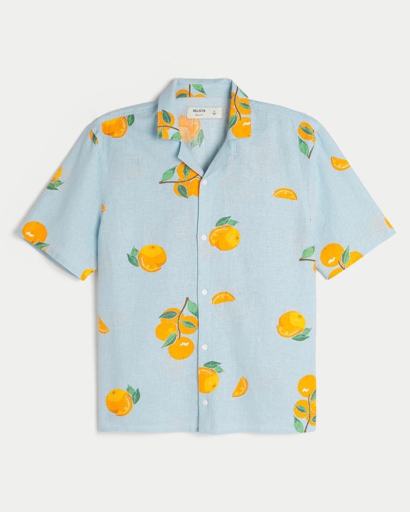 Boxy Linen-Blend Orange Pattern Shirt