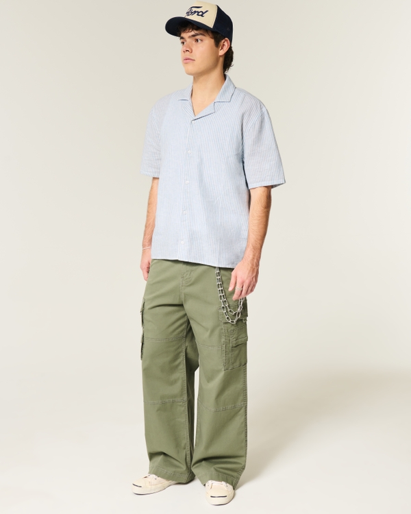 Boxy Short-Sleeve Linen-Blend Shirt, Light Blue Stripe view 2