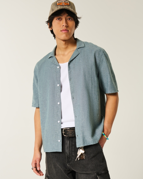 Boxy Linen-Blend Short-Sleeve Shirt, Dark Heather Teal view 1