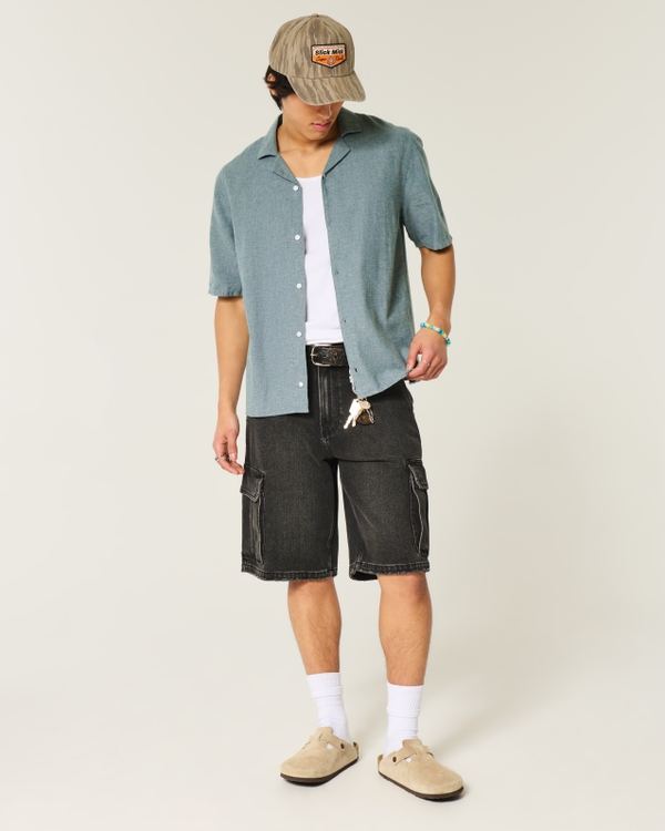 Boxy Linen-Blend Short-Sleeve Shirt, Dark Heather Teal view 2