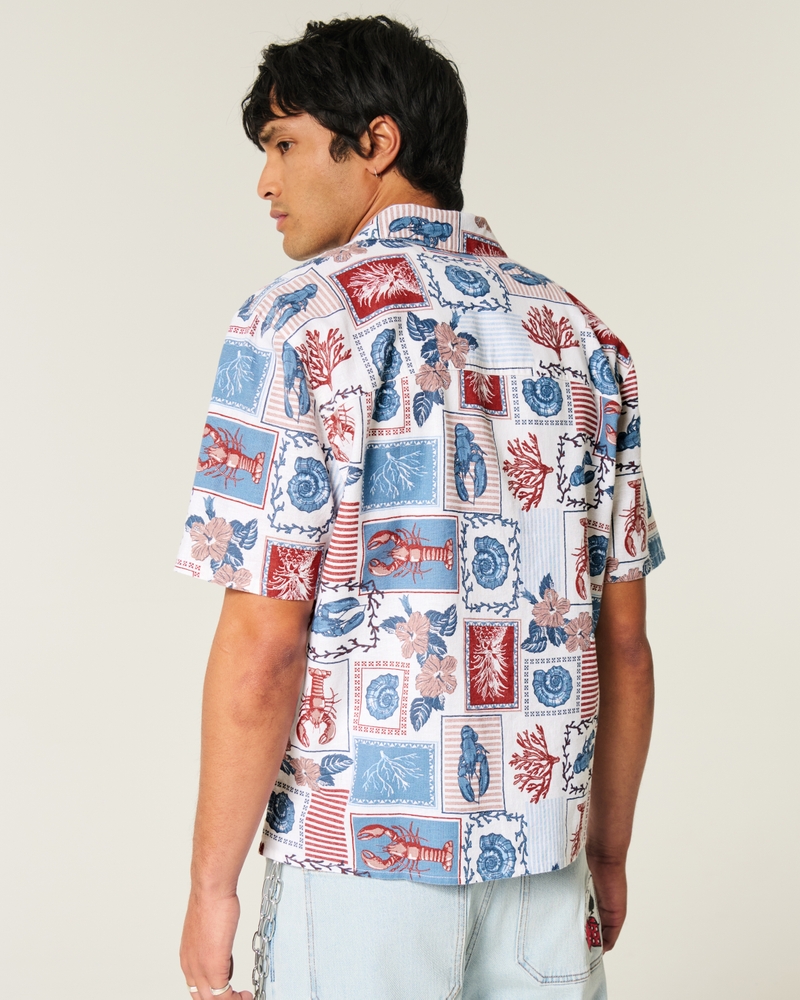 Boxy Linen-Blend Lobster Pattern Shirt