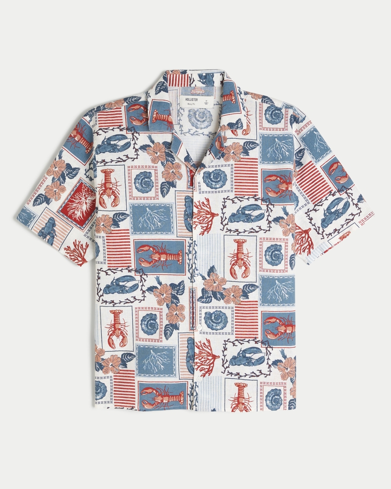 Men's Boxy Linen-Blend Lobster Pattern Shirt | Men's Tops