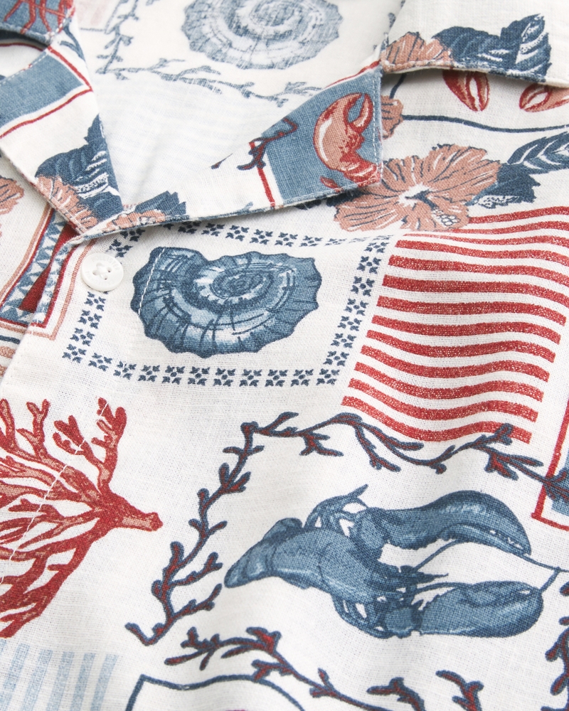 Boxy Linen-Blend Lobster Pattern Shirt