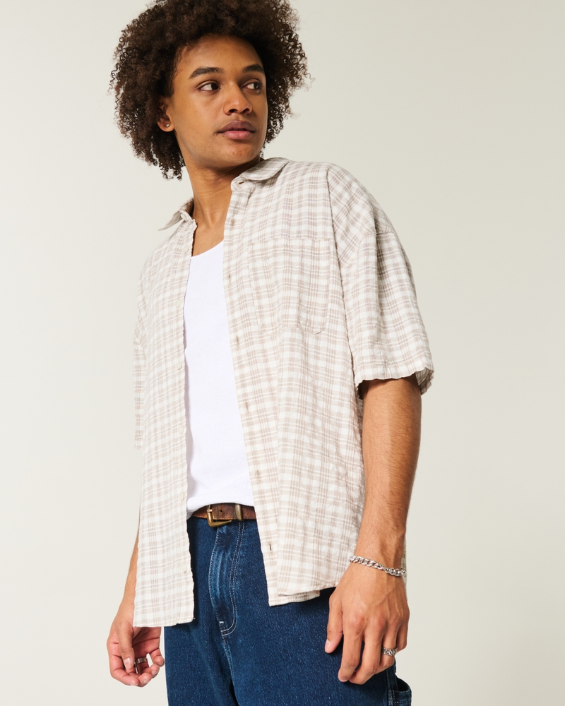 Baggy Short-Sleeve Shirt-tan plaid