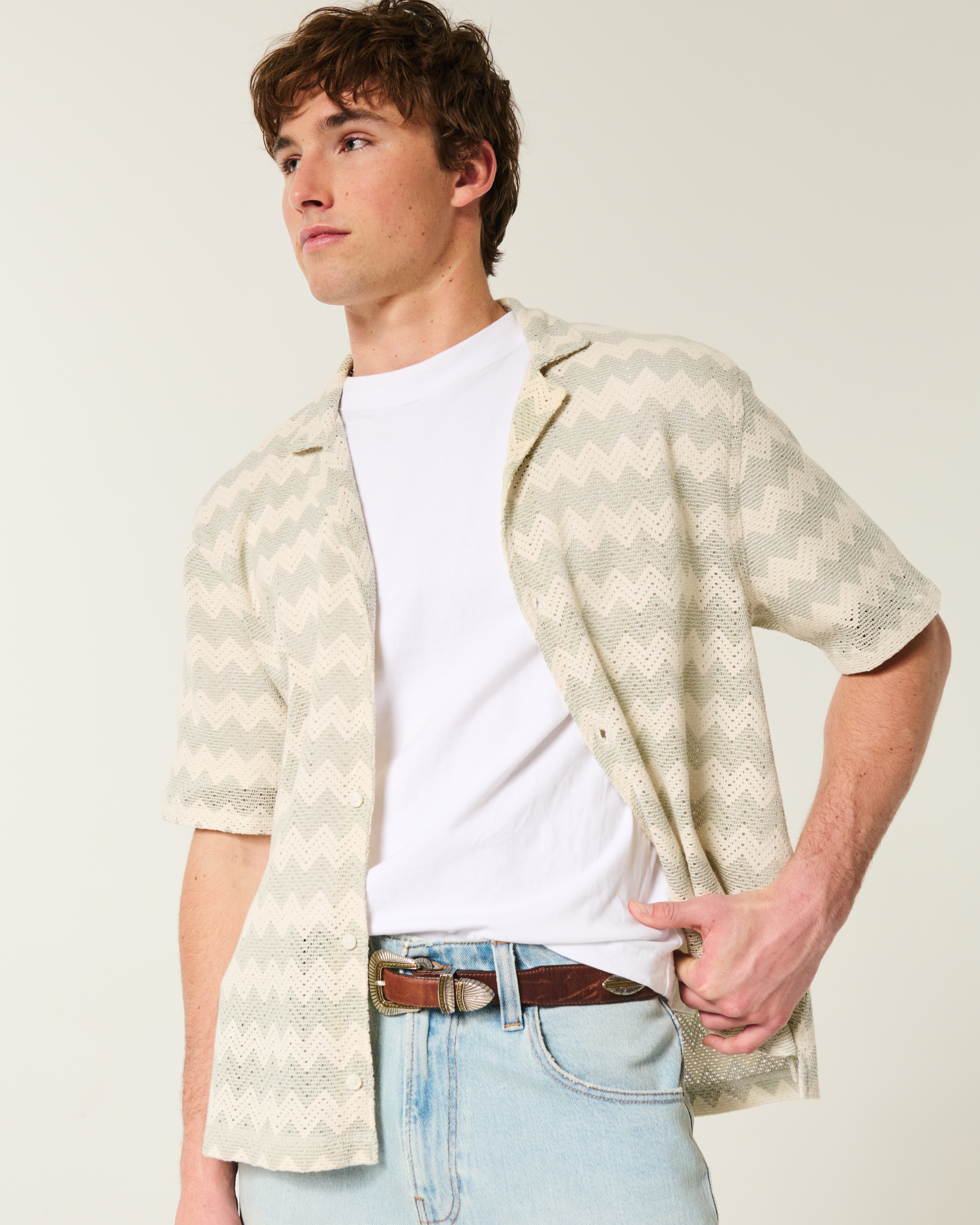 Boxy Short-Sleeve Crochet-Style Shirt
